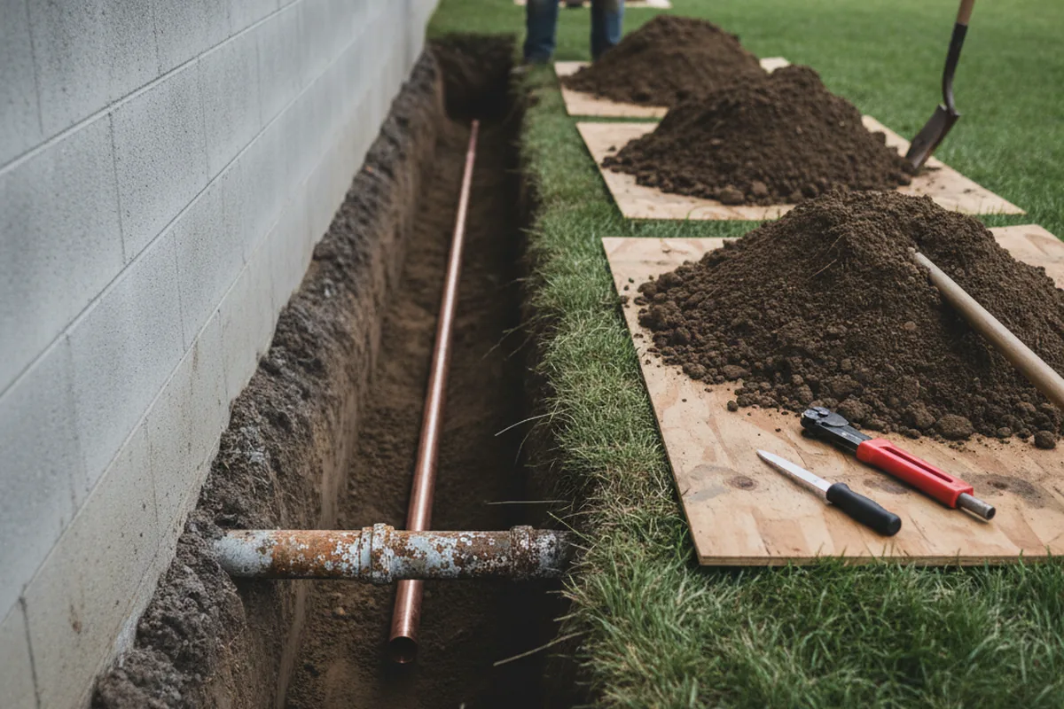 Excavated water line trench during Sewer Line Repair in Stamford